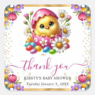 Watercolor Easter Chick Spring Flowers Baby Shower Square Sticker