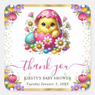 Watercolor Easter Chick Spring Flowers Baby Shower Square Sticker