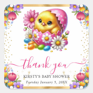 Watercolor Easter Chick Spring Flowers Baby Shower Square Sticker