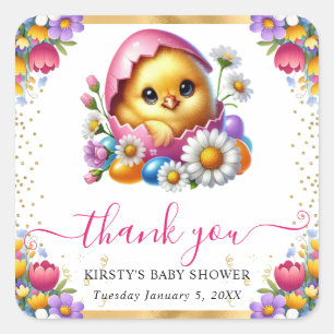 Watercolor Easter Chick Spring Flowers Baby Shower Square Sticker