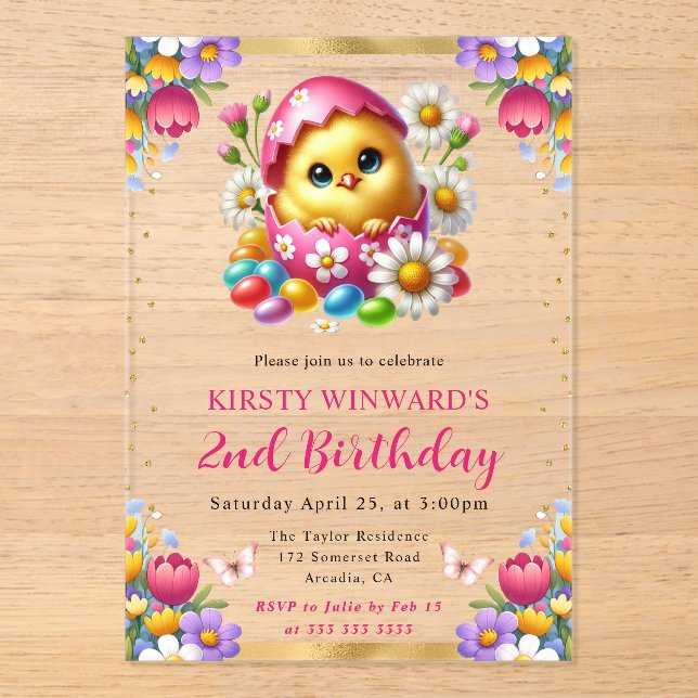 Watercolor Easter Chick Spring Flowers Birthday Acrylic Invitations (Front)