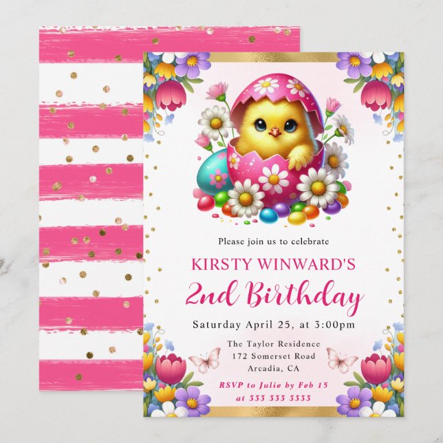 Watercolor Easter Chick Spring Flowers Birthday Invitation (Front/Back)