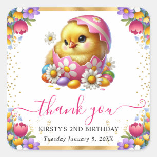 Watercolor Easter Chick Spring Flowers Birthday Square Sticker