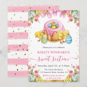 Watercolor Easter Chicks and Cake Spring Sweet 16 Invitation