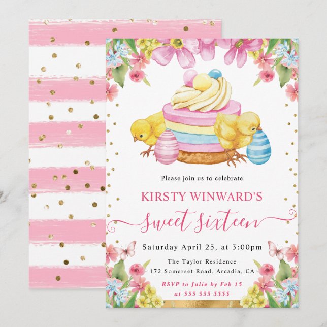Watercolor Easter Chicks and Cake Spring Sweet 16 Invitation (Front/Back)
