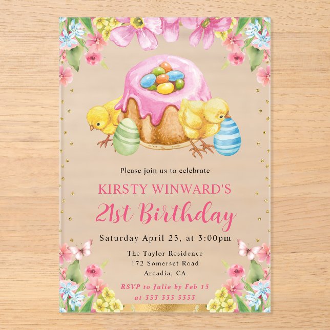 Watercolor Easter Chicks Spring 21st Birthday Acrylic Invitations (Front)