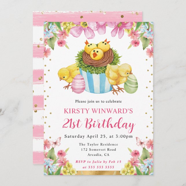 Watercolor Easter Chicks Spring 21st Birthday Invitation (Front/Back)