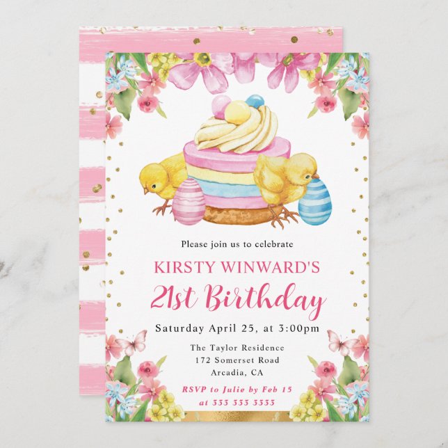 Watercolor Easter Chicks Spring 21st Birthday Invitation (Front/Back)