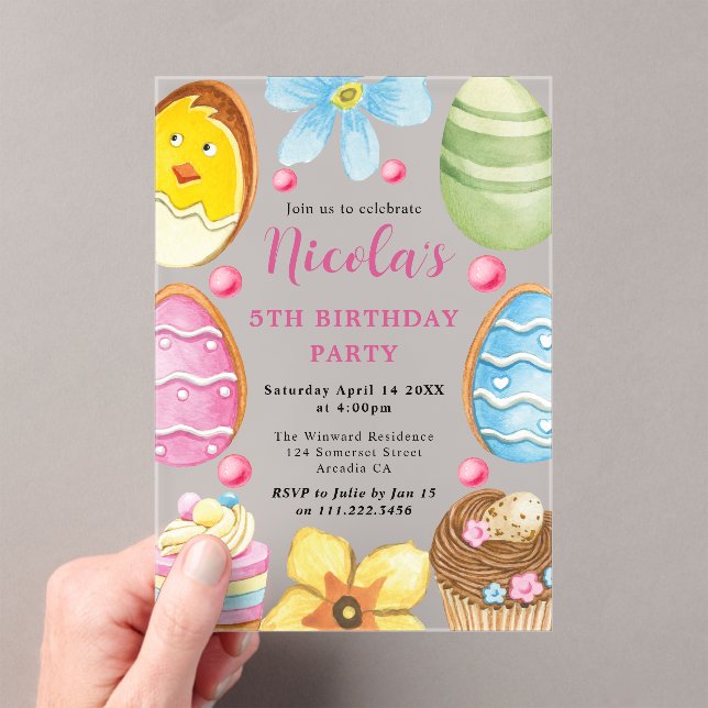 Watercolor Easter Cookie 5th Birthday Acrylic Invitations (Insitu (Handheld))