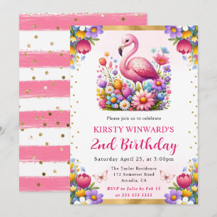 Watercolor Easter Flamingo Spring Flowers Birthday Invitation