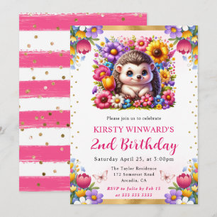 Watercolor Easter Hedgehog Spring Flowers Birthday Invitation