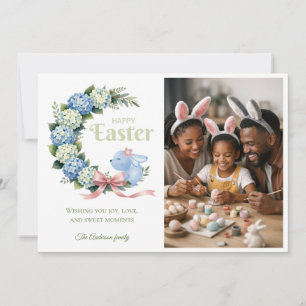 Watercolor Easter Hydrangea Cute Bunny Photo Holiday Card
