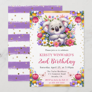 Watercolor Easter Koala & Spring Flowers Birthday Invitation