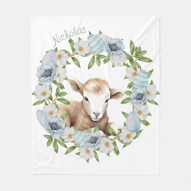 Watercolor Easter Lamb Personalised Fleece Blanket (Front)