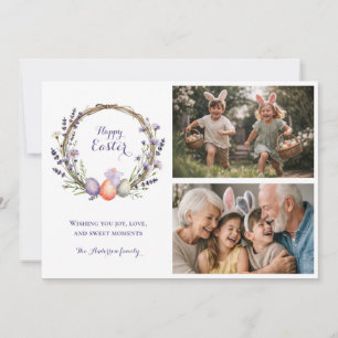 Watercolor Easter Lavender Cute Bunny 2 Photo Holiday Card