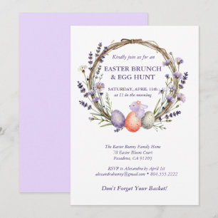 Watercolor Easter Lavender Wreath Eggs Bunny Invitation