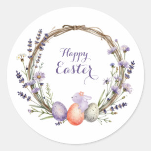 Watercolor Easter Lavender Wreath Eggs Cute Bunny Classic Round Sticker