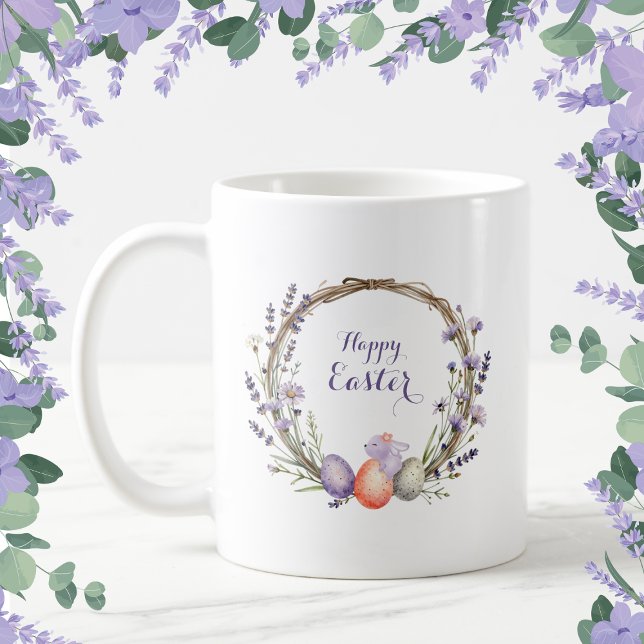 Watercolor Easter Lavender Wreath Eggs Cute Bunny Coffee Mug (Creator Uploaded)