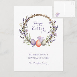 Watercolor Easter Lavender Wreath Eggs Cute Bunny Postcard