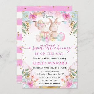 Watercolor Easter Rabbit and Flowers Baby Shower Invitation