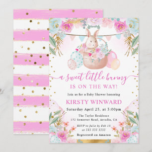Watercolor Easter Rabbit and Flowers Baby Shower Invitation