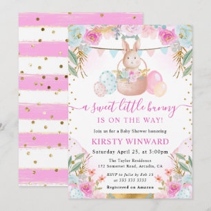 Watercolor Easter Rabbit and Flowers Baby Shower Invitation