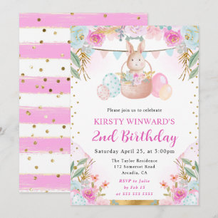 Watercolor Easter Rabbit and Flowers Birthday Invitation