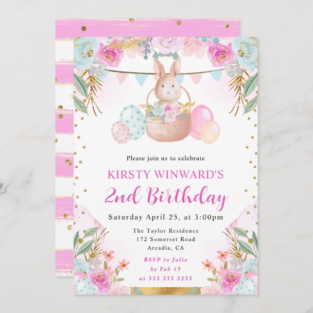 Watercolor Easter Rabbit and Flowers Birthday Invitation (Front/Back)