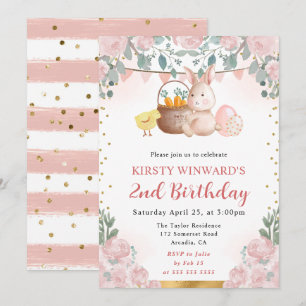 Watercolor Easter Rabbit and Flowers Birthday Invitation