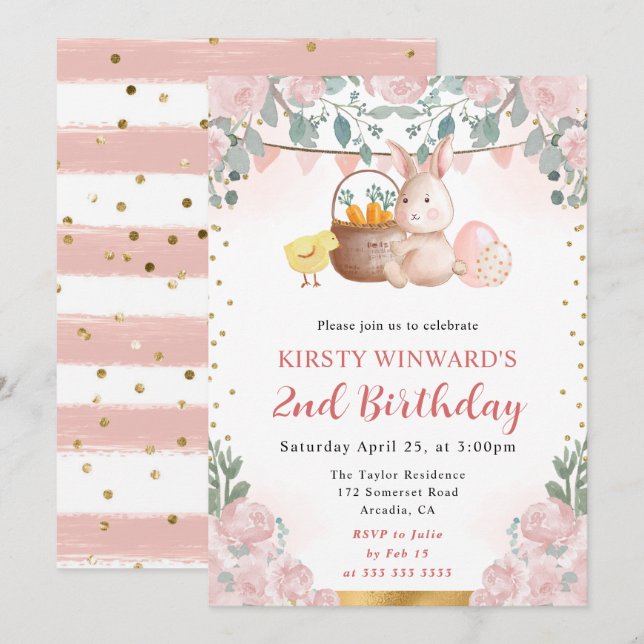 Watercolor Easter Rabbit and Flowers Birthday Invitation (Front/Back)