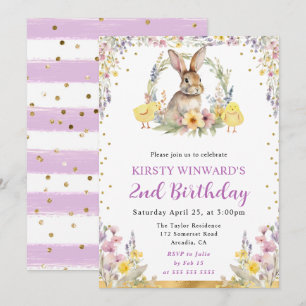 Watercolor Easter Rabbit and Flowers Birthday Invitation