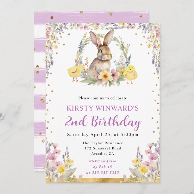 Watercolor Easter Rabbit and Flowers Birthday Invitation (Front/Back)