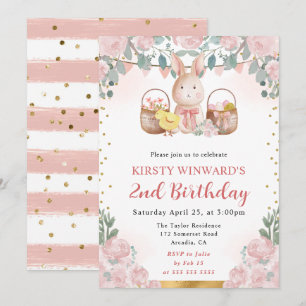 Watercolor Easter Rabbit and Flowers Birthday Invitation
