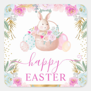 Watercolor Easter Rabbit and Flowers  Square Sticker