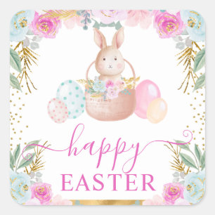 Watercolor Easter Rabbit and Flowers Square Sticker