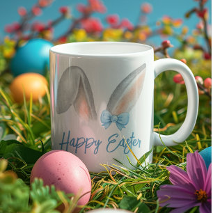 Watercolor Easter Rabbit Ears with Blue Bow Spring Latte Mug