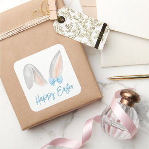 Watercolor Easter Rabbit Ears with Blue Bow Spring Square Sticker