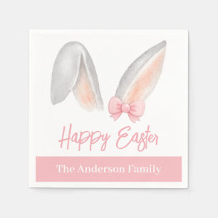 Watercolor Easter Rabbit Ears with Pink Bow Spring Napkin
