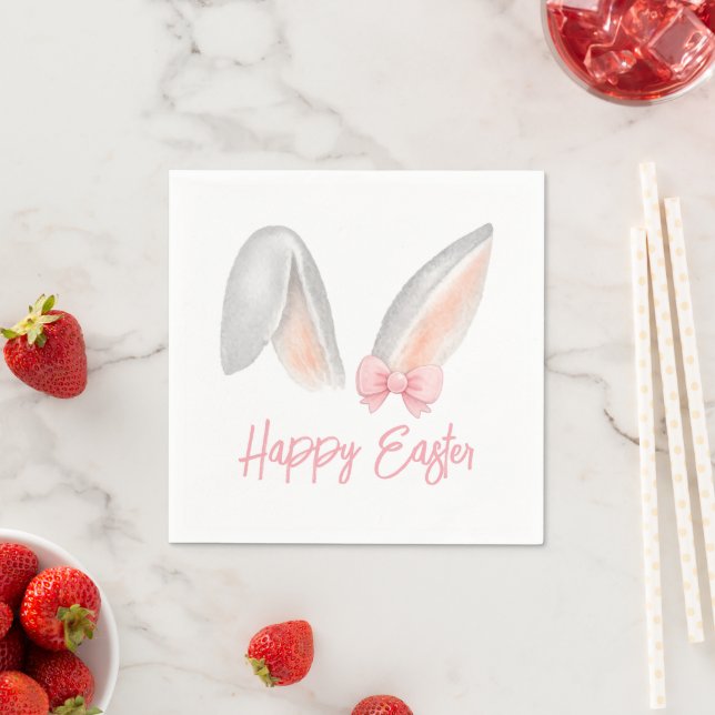 Watercolor Easter Rabbit Ears with Pink Bow Spring Napkin (Insitu)