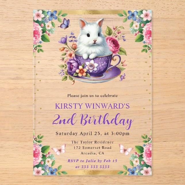 Watercolor Easter Rabbit Spring Flowers Birthday Acrylic Invitations (Front)