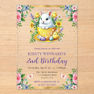 Watercolor Easter Rabbit Spring Flowers Birthday Acrylic Invitations