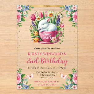 Watercolor Easter Rabbit Spring Flowers Birthday Acrylic Invitations