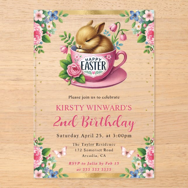 Watercolor Easter Rabbit Spring Flowers Birthday Acrylic Invitations (Front)