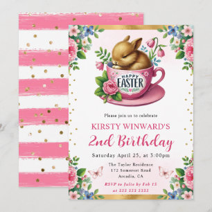 Watercolor Easter Rabbit Spring Flowers Birthday Invitation