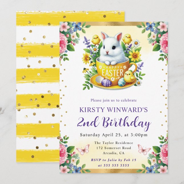 Watercolor Easter Rabbit Spring Flowers Birthday Invitation (Front/Back)