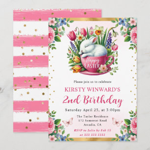 Watercolor Easter Rabbit Spring Flowers Birthday Invitation