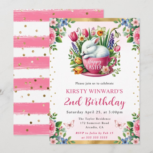 Watercolor Easter Rabbit Spring Flowers Birthday Invitation (Front/Back)
