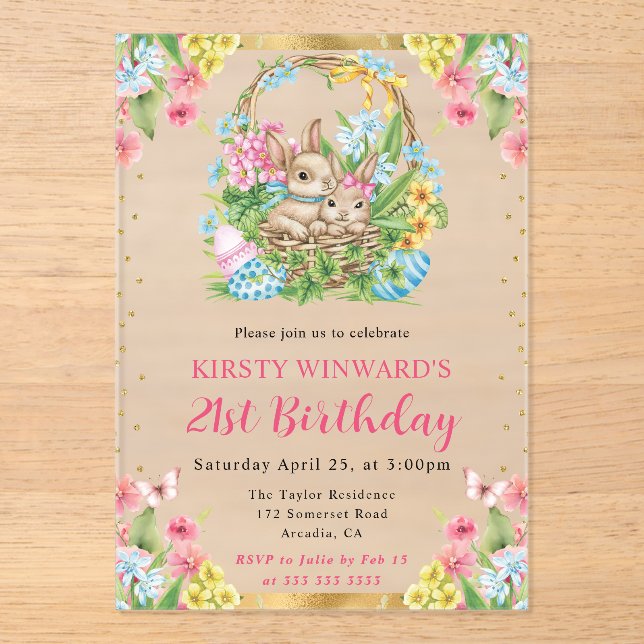 Watercolor Easter Rabbits Spring 21st Birthday Acrylic Invitations (Front)