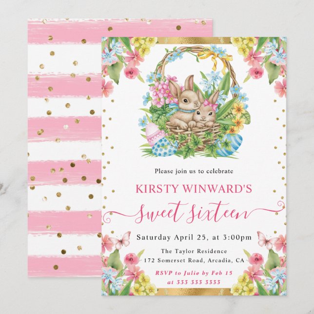 Watercolor Easter Rabbits Spring Sweet 16 Invitation (Front/Back)