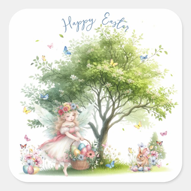 Watercolor Easter Spring Fairy Square Sticker (Front)